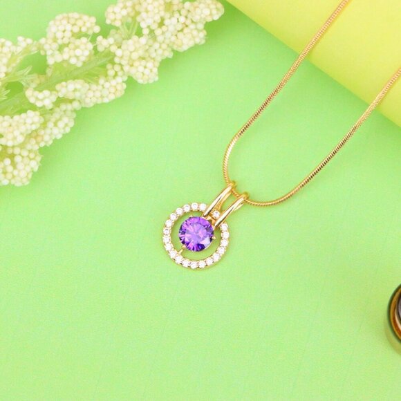 "Radiant Purple Halo Pendant in Gold Plated Brass with Crystal Ring, XPPT1711 - Picture 3 of 13